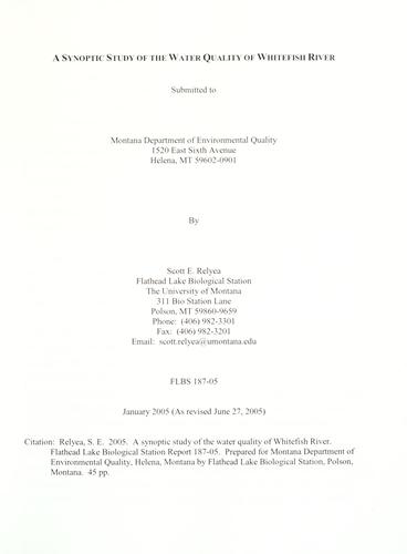 A synoptic study of the water quality of Whitefish River