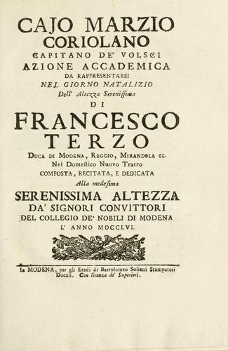 Cajo Marzio Coriolano, capitano de' Volsci