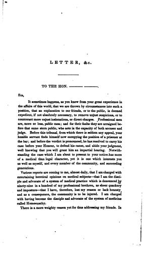 Letter to the Hon.-------with Reasons for Examining and Believing the ...