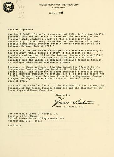 Report to the Congress on certain employee benefits not subject to federal income tax