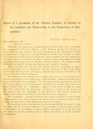 Report of a committee of the National academy of sciences on the condition and preservation of the Declaration of independence.