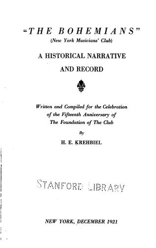 "The Bohemians" (New York Musicians' Club): A Historical Narrative and Record