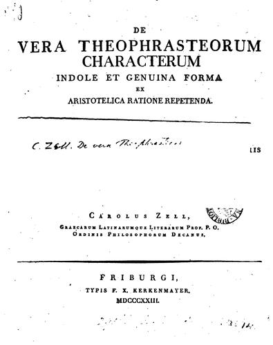 De vera Theophrasteorum Characterum indole et genuina forma ex Aristotelica ratione repetenda