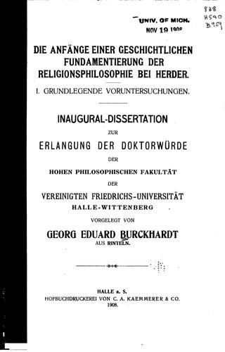 Die Anfänge einer geschichtlichen Fundamentierung der Religiousphilosphie ...