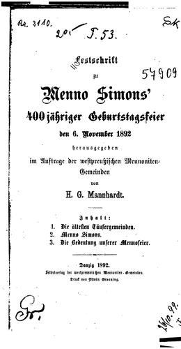 Festschrift zu Menno Simons' 400 jähriger Geburtstagsfeier den 6. November 1892