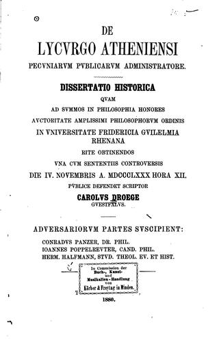 De Lycurgo Atheniensi pecuniarum publicarum administratore: disseratio historica ...