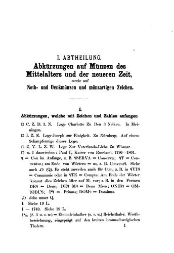 Erklaerung der Abkuerzungen auf Muenzen der neueren Zeit, des Mittelalters und des Alterthums ...