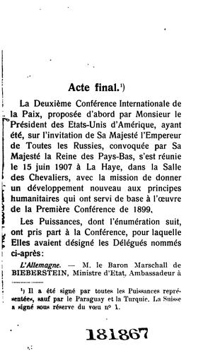 La deuxième conférence de la paix: Acte final, conventions, déclaration (18 Octobre 1907)