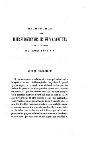 Recherches sur les troubles fonctionnels des nerfs vasomoteurs dans l'évolution du tabes sensitif