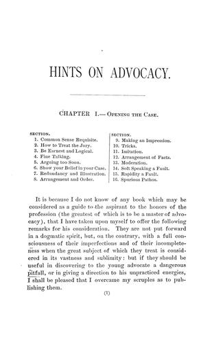 Hints on advocacy, intended for practitioners in civil and criminal courts