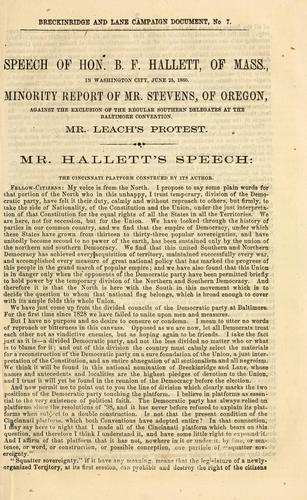 Speech of Hon. B.F. Hallett, of Mass., in Washington City, June 25, 1860