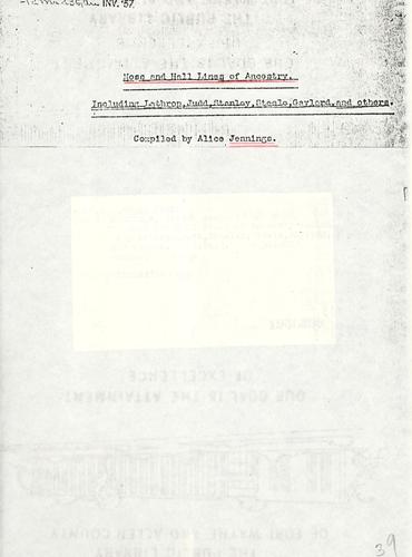 Moss and Hall lines of ancestry incl. Lathrop, Judd, Stanley, Steele, Gaylord, and others.