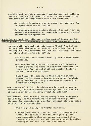 South end and urban renewal: lecture to south end conference of social workers, may, 1962.