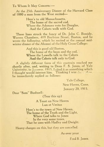 To whom it may concern [in regard to the authorship of the lines "And this is gool old Boston, etc.].