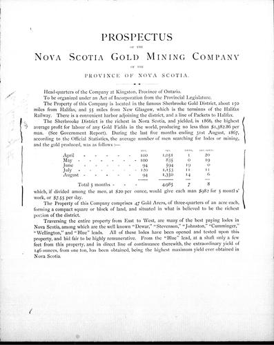 Prospectus of the Nova Scotia Gold Mining Company of the province of Nova Scotia