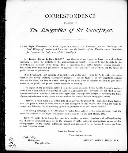 Correspondence relating to the emigration of the unemployed