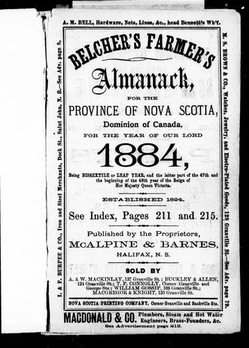 Belcher's farmer's almanack for the province of Nova Scotia, Dominion of Canada, for the year of Our Lord 1884