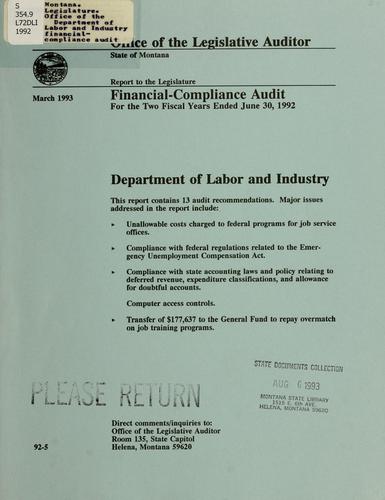 Department of Labor and Industry financial-compliance audit for the two fiscal years ended June 30,...