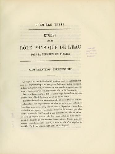 Etudes sur le rôle physique de l'eau dans la nutrition des plantes.