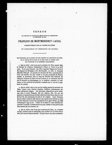 Teneur des positions ou Articles de béatification et canonisation du serviteur de Dieu François de Montmorency-Laval premier évêque dans le diocèse de Québec et fondateur du Séminaire de Québec