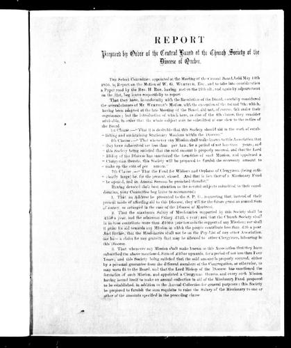 Report prepared by order of the Central Board of the Church Society of the Diocese of Quebec