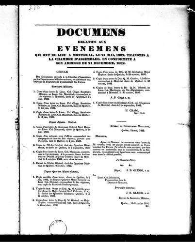 Documens relatifs aux événemens qui ont eu lieu à Montréal, le 21 mai, 1832, transmis à la Chambre d'assemblée, en conformité à son adresse du 21 décembre, 1832