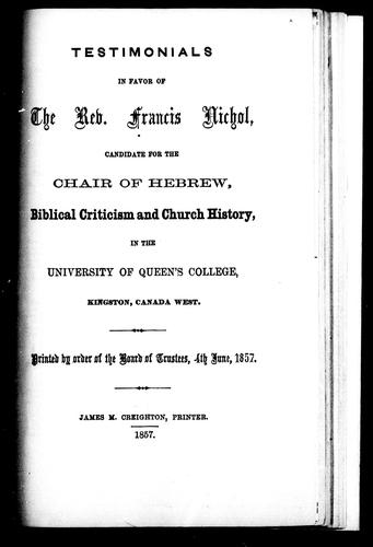 Testimonials in favor of the Rev. Francis Nichol [i.e. Nicol]