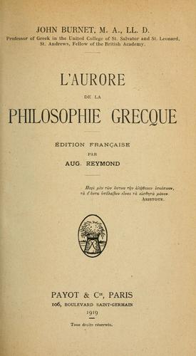 L'aurore de la philosophie grecque
