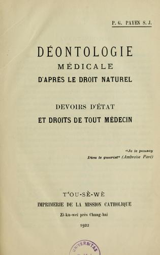 Déontologie médicale d'après le droit naturel
