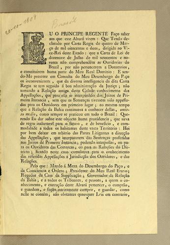 Eu o Principe Regente fąco saber aos que este alvará virem