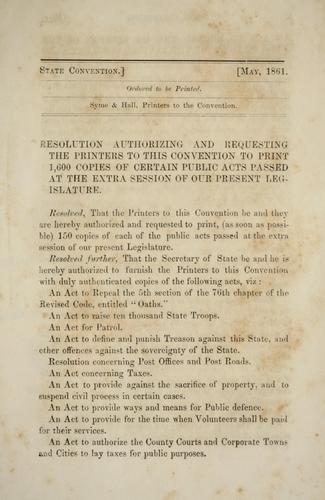 Resolution authorizing and requesting the printers to this convention to print 1,600 copies of certain public acts passed at the extra session of our present legislature