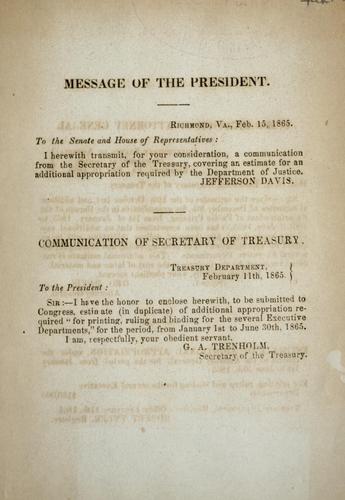 [Communication of attorney general, estimating additional appropriation, January 1st to June 30th, 1865, for printing, ruling and binding for the several executive departments]