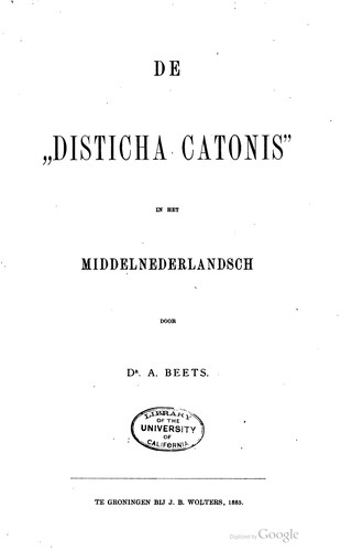De "Disticha Catonis" in het Middelnederlandsch