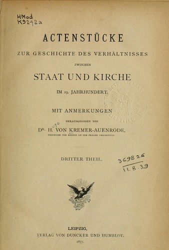 Actenstücke zur Geschichte des Verhältnisses zwischen Staat und Kirche im 19. Jahrhundert