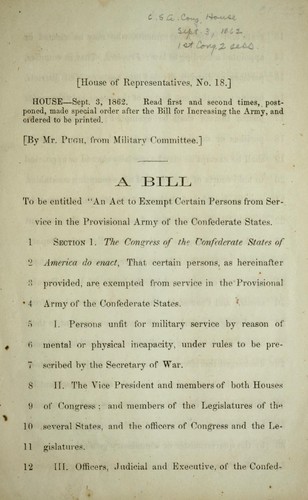 A bill to be entitled "An act to exempt certain persons from service in the Provisional Army of the Confederate States