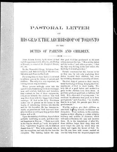 Pastoral letter of His Grace the Archbishop of Toronto on the duties of parents and children