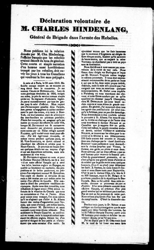 Déclaration volontaire de M. Charles Hindenlang, général de brigade dans l'armée des rebelles