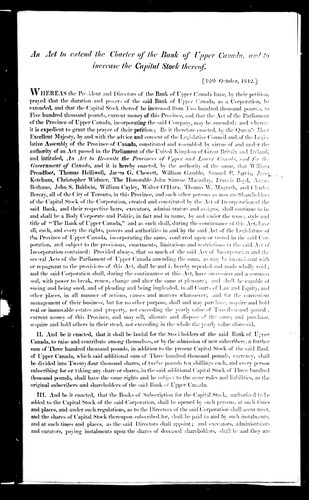 An Act to extend the charter of the Bank of Upper Canada, and to increase the capital stock thereof