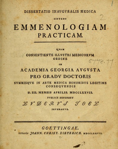 Dissertatio inauguralis medica sistens emmenologiam practicam