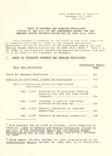 Index to revenue and pension provisions (Titles XI and XII) of the conference report for the Omnibus Budget Reconciliation Act of 1990 (H.R. 5835)