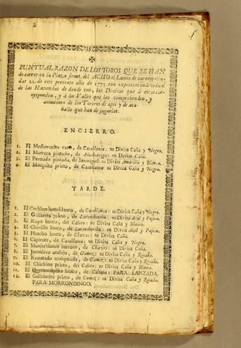 Puntual razon de los toros que se han de correr en la Plaza firme del Acho el lunes de carnestolendas 22. de este presente año de 1773 ..