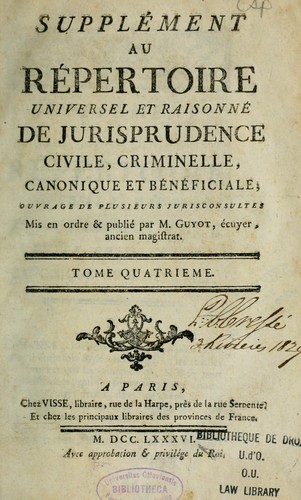 Supplement au Répertoire universel et raisonné de jurisprudence civile, criminelle, canonique et bénéficiale
