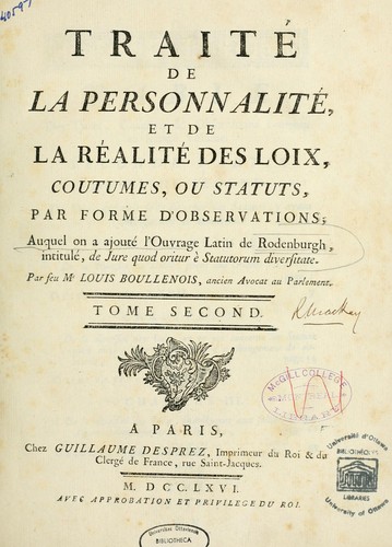 Traité de la personnalité, et de la réalité des loix, coutumes, ou statuts