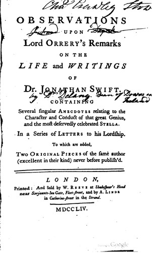 Observations Upon Lord Orrery's Remarks on the Life and Writings of Dr. Jonathan Swift