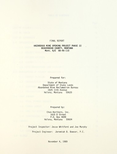 Hazardous Mine Opening Project, Phase 22, Beaverhead County, Montana, Mont. A/E 88-46-110