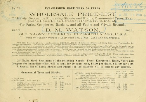 Wholesale price list of hardy decorative flowering shrubs and plants, ornamental trees, evergreens, roses, bulbs, herbaceous plants, fruits, etc., etc