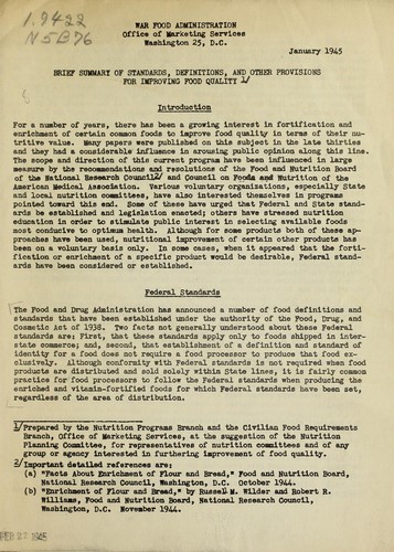 Brief summary of standards, definitions, and other provisions for improving food quality