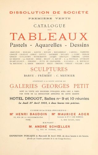 Tableaux, pastels, aquarelles, dessins ... sculptures par Barye, Fr©♭miet, C. Meunier