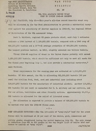 WFA will allocate record wheat crop to insure 1945-46 reserve