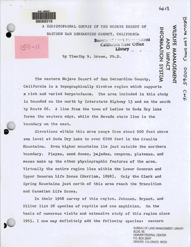 A herpetofaunal survey of the Mojave Desert of eastern San Bernardino County, California